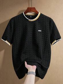 Manfinity Homme Men's Knit Jacquard Solid Texture Gold Trim Ribbed T-Shirt, Holiday - Black - View 3