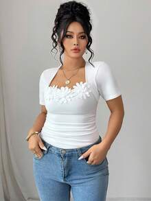 Elenzga Square Neck Short Sleeve Knit Lace Patchwork Decor White Plus Size T-Shirt, Suitable For Spring, Summer And Autumn - White - View 4