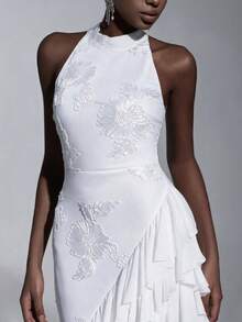 Elitara Vestido de Noche Formal Elegante Minimalista con Bordado de Cinta, Volantes Asimétricos y Hombros Descubiertos, Blanco, para Boda, Gala y Primavera - Blanco - Ver 2