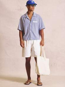 Musero Boxy Oversized Striped Shirt Large Backprint Dropped Shoulder Seam Reverse Collar Button Fastening - Blue and White - View 6