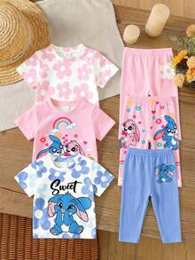 Young Girl Set, Multiple Prints Available: Blue White Rabbit, Pink Floral, Rainbow With Sweet Letter. Round Neck Short Sleeve, - Multicolor - View 3