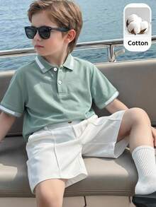 SHEIN 青少年男孩休閒學院風翻領短袖 Polo 衫 - 綠色 - 查看 5