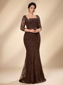 Serin Plus Size Elegant Formal Classy Brown Square Neck 3/4 Sleeve Pearl Rhinestone French Lace Pleated Mermaid Tail Train Wedding Evening Party Dinner Fall - Brown - View 5