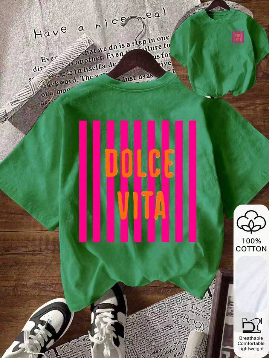 EMERY ROSE Women's Striped Letter Print Short Sleeve Crew Neck Casual T-Shirt - Dark Green - View 1