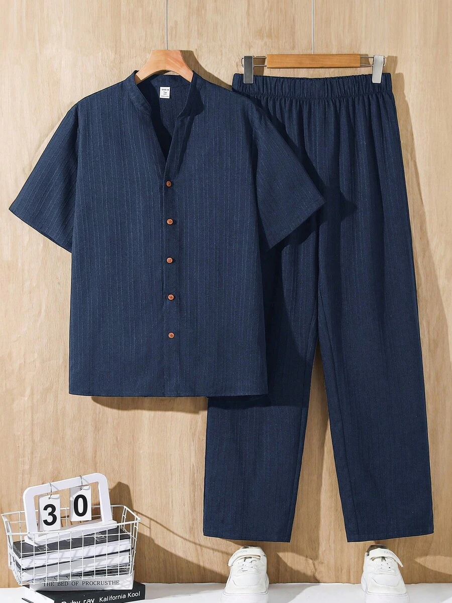 SHEIN 2pcs Teen Boys Loose Contrast Graphic Print Polo Collar Short Sleeve Knit Shirt Set, Casual - Navy Blue - View 1