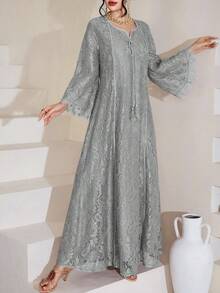 Yasmyna Vestido con cuello cuadrado, encaje, flecos y mangas 3/4 acampanadas para mujeres - Gris - Ver 5