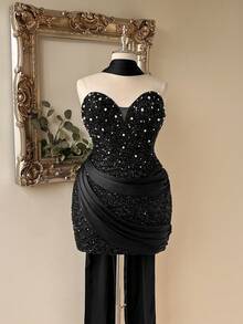 Lovelzi Elegantes romantisches Modekleid in Große Größen aus schwarzem Paillettenstoff und Satin-Patchwork, trägerlos, für Musikfestival, Geburtstagsparty, Hochzeitsevent, Nachmittagstee-Party, Cocktailparty - Schwarz - Übersicht 2