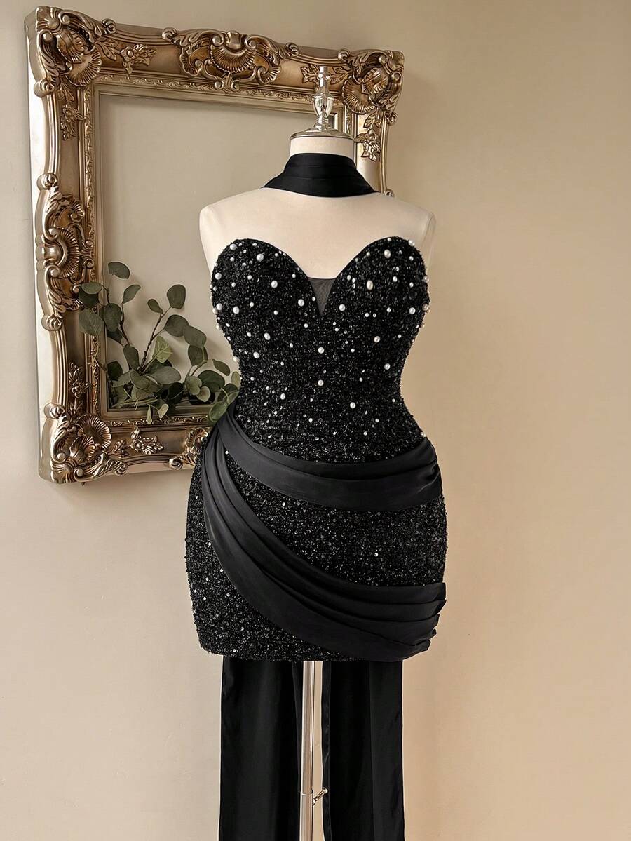 Lovelzi Elegantes romantisches Modekleid in Große Größen aus schwarzem Paillettenstoff und Satin-Patchwork, trägerlos, für Musikfestival, Geburtstagsparty, Hochzeitsevent, Nachmittagstee-Party, Cocktailparty
