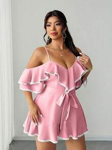 Elenzga Mono de resort sexy sin hombros y sin espalda para tallas grandes - Rosa - Ver 4
