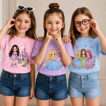 Set de 3 camisetas de niña con estampado de dibujo animado de capibara, de cuello redondo y manga corta para el verano - Champán - Ver 3