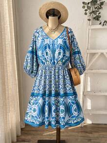 Rusticease Plus Size Women's V-Neck All-Over Print Casual Bohemian Boho Everyday Outing Dress Blue And White Autumn Fall Beach Vacation - Multicolor - View 3