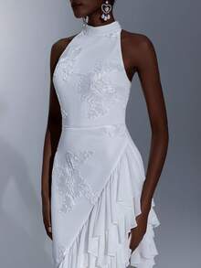 Elitara Vestido de Noche Formal Elegante Minimalista con Bordado de Cinta, Volantes Asimétricos y Hombros Descubiertos, Blanco, para Boda, Gala y Primavera - Blanco - Ver 4