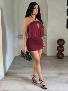 SHEIN SXY 女款掛脖鏤空壓褶優雅夏季洋裝 - 酒紅色 - 查看 7