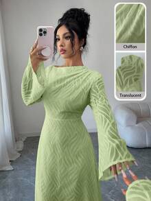 Modelyn Women's Elegant Textured Fabric Flare Sleeve Waist Cinched Dress, Suitable For Spring & Autumn - Green - View 4