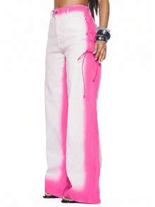 MUSERA Contrast Washed Eyelet Tie Denim Jeans Only Sexy Summer Spring Rave Festival Holiday Vacation Party Going Out Tripp - Hot Pink - View 4
