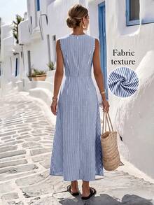 SHEIN LUNE Women's Summer Blue & White Striped Fabric Round Neck Cinched Waist Full Skirt Sleeveless Maxi Dress, Elegant & Sophisticated Birthday Gift, Date, Party, Carnival, Travel, Beach, Vacation, Street Photography, Atmospheric Outfit, Summer Clothing, Summer Dress, Summer New Arrival, Must-Have Fashion Item, Niche Design, Versatile Style, Women's Casual Vacation Style Maxi Dress - Blue - View 2