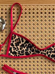 Swim Vcay Conjunto de bikini de triángulo de cintura baja con top bandeau con lazo y estampado de lunares, nuevo y sexy para mujer en verano - Rojo - Ver 5