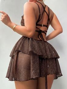 SHEIN Swim Women's Camisole Back Cross Strap Slim Fit Sheer Cover-Up - Brown - View 2
