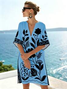 SHEIN Holidaya 简约米色和黑色花卉印花V领短袖宽松A字连衣裙，适合工作和休闲场合，版型修身，花卉图案装饰 - 藍色 - 查看 6
