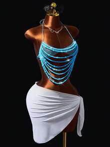 Mistrie Women's Spaghetti Strap Beaded Sequin Embellished Shiny Camisole Top, Suitable For Beach Club Night Vacation Light Blue Summer - Blue - View 3