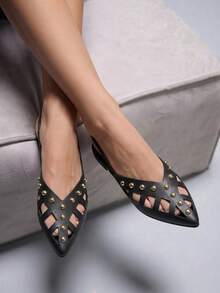 CUCCOO GRLICON Spice Girl Fried Street, Metal Rivets, Black Hollow Flat Shoes, Holiday Atmosphere, Summer Wear, A Must For Travel, Y2K - Black - View 3