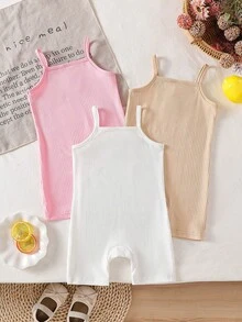 SHEIN 3pcs Baby Girls' Sweet Knit Camisole & Shorts Romper Set, Summer - Multicolor - View 3