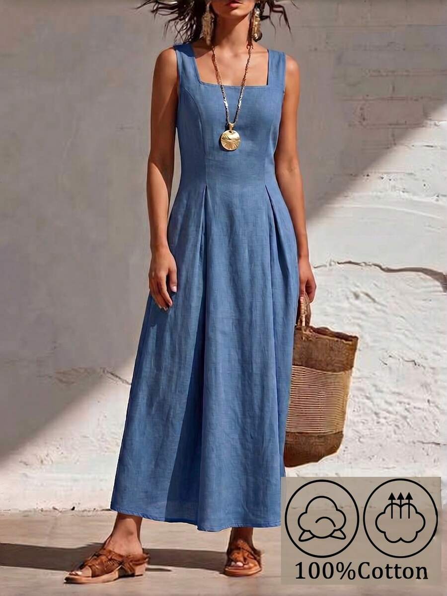 SHEIN Raffinéa Váy xanh nhạt sọc dọc cổ vuông thanh lịch thắt lưng buộc sau lưng - Màu xanh lam - Xem 1