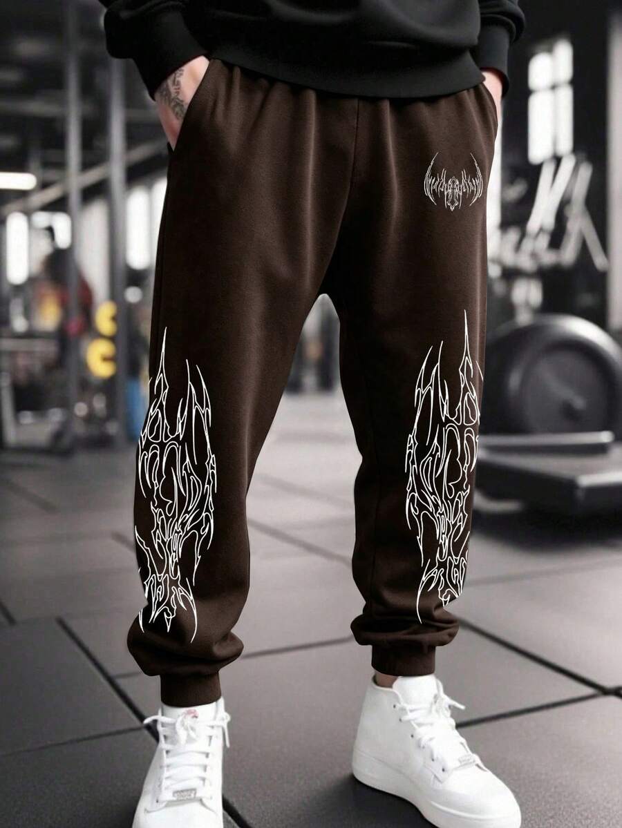 GymBeat 男士印花抽繩腰口袋休閒運動長褲,適合日常穿著與健身房 - 棕色 - 查看 1