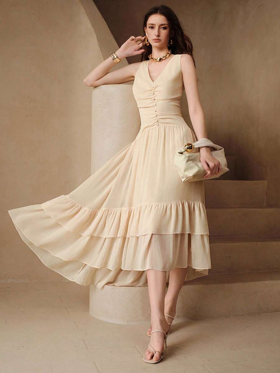 Arave Women's Woven Summer Sleeveless Deep V-Neck Waist-Defining Slimming Decorative Button Hem Multi-Layer Ruffle Fishtail Skirt Casual Design Mori Style Fresh Vacation Long Dress Summer Clothes - Apricot - View 1