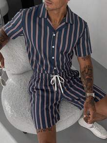 Manfinity Homme Men's Striped Printing Front Button Pocket Short Sleeve Jumpsuit,Men Old Money,Daily Leisure, Weekend Trips, Outdoor Activities, Travel Expeditions, Relaxed Work Environments Or Semi-Formal Occasions, Boyfriend/Husband Gift, Anniversary /Birthday Gift Party Summer Vacation Holiday,Wedding,Spring To Summer,Easter,Y2k,Vintage,Festival,Men's Striped Short Sleeve Shirt And Drawstring Shorts Two-Piece Set Casual Summer Outfit - Multicolor - View 1