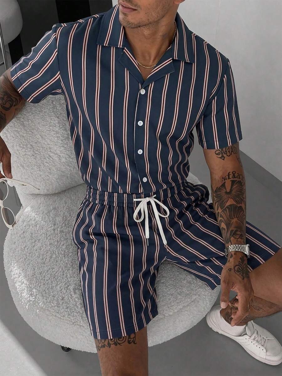Manfinity Homme Men's Striped Printing Front Button Pocket Short Sleeve Jumpsuit,Men Old Money,Daily Leisure, Weekend Trips, Outdoor Activities, Travel Expeditions, Relaxed Work Environments Or Semi-Formal Occasions, Boyfriend/Husband Gift, Anniversary /Birthday Gift Party Summer Vacation Holiday,Wedding,Spring To Summer,Easter,Y2k,Vintage,Festival,Men's Striped Short Sleeve Shirt And Drawstring Shorts Two-Piece Set Casual Summer Outfit - Multicolor - View 1