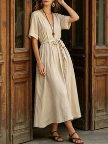 SHEIN Women's Casual Elegant Beige Deep V-Neck Tie Waist Loose Linen Dress, Suitable For Casual Party, Vacation And Daily Wear - Apricot - View 1