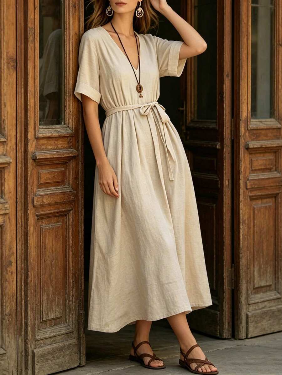 SHEIN Women's Casual Elegant Beige Deep V-Neck Tie Waist Loose Linen Dress, Suitable For Casual Party, Vacation And Daily Wear - Apricot - View 1