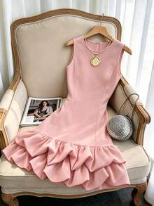GlowEve Women's Solid Color Round Neck Sleeveless Ruffle Elegant Mini Dress - Pink - View 3