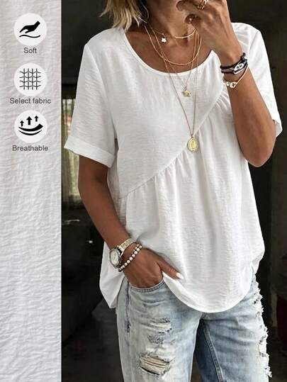 Weeklong Plus Size Women's 2026 Summer Casual Top, Round Neck Short Sleeve Gathered Waist Loose Fit T-Shirt For Daily Wear