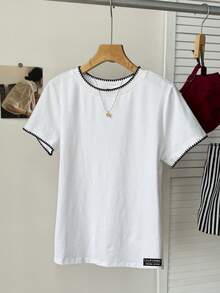 Tseoso 100 Pure Cotton Shell Embroidery Embroidered Versatile All-Match Casual Basic Sports Solid Color Crew Neck Short Sleeve T-Shirt, Suitable For Summer - White - View 3
