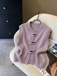 EMERY ROSE Plus-Size Women's Spring/Fall Casual Style: Simple, Versatile, And Feminine. Light Purple, Soft And Plush Textured Knit. Horn Button, V-Neck, Loose-Fitting Plus-Size Knit Vest. Perfect For Spring And Fall. - Purple - View 3