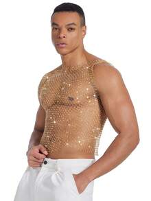 DSELFIQUE Men's Sexy Regular Fit Silver Fishnet Tank Top - Gold - View 3