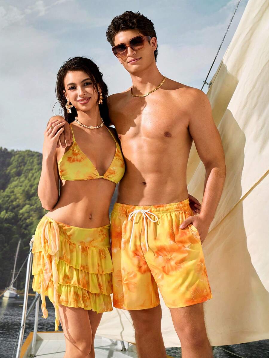 Manfinity VDAYZ Men's Casual Printed Drawstring Beach Shorts, Holiday - Pale Yellow - View 1