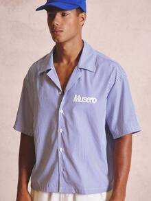 Musero Boxy Oversized Striped Shirt Large Backprint Dropped Shoulder Seam Reverse Collar Button Fastening - Blue and White - View 5