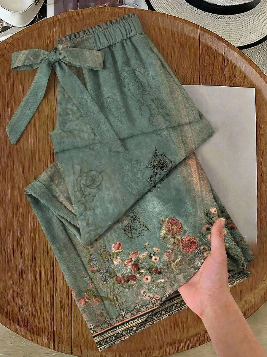 SHEIN LUNE Women's Green Floral Vintage Waist Tie Trousers,Boho Summer Vacation Holiday Tea Party Cottagecore Printed Pants,Gift For Mom Spring Fall Wedding - Multicolor - View 1