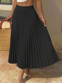 DAZY Elegant Pleated A-Line Women's Skirt, Spring/Summer,Ruffle - Black - View 12