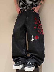 STEELVANCE Men's Streetwear Retro Fashion Versatile Embroidered Design Loose Straight Wide Leg Casual Denim Jeans - Black - View 3