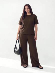 Solavibe Plus Size Women's Solid Color Round Neck Short Sleeve Top And Long Pants Casual Daily Two Pieces Set Vacation Chocolate Brown Summer Formal - Brown - View 4