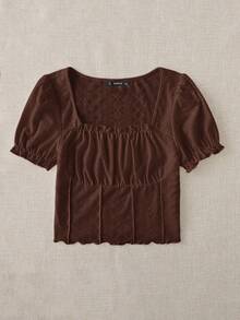 Solavibe 大尺碼女款泡泡袖方領百褶荷葉邊飾 T-shirt 棕色夏季休閒可愛仙女風 早午餐正式生日穿搭 - 棕色 - 查看 12