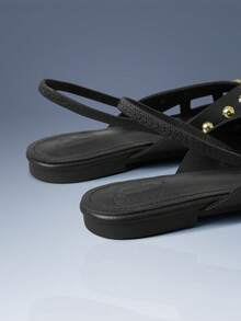 CUCCOO GRLICON Spice Girl Fried Street, Metal Rivets, Black Hollow Flat Shoes, Holiday Atmosphere, Summer Wear, A Must For Travel, Y2K - Black - View 9