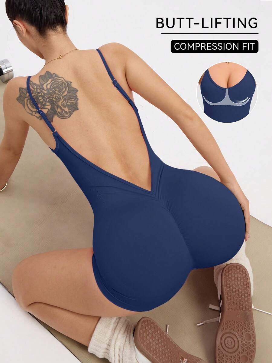 Slayform Solid Color Backless Camisole Sports Jumpsuit Gym One Piece Set One Piece Workout Set Compression Fit Yoga One Piece Compression Fit One Piece - Navy Blue - View 1
