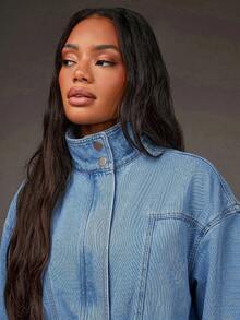Athîral Denim 女士休闲度假长袖立领牛仔外套 - 淺藍色 - 查看 6