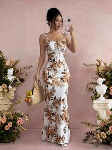 SHEIN Raffinéa 女款時尚優雅全身印花細肩帶洋裝 - 黃色 - 查看 1
