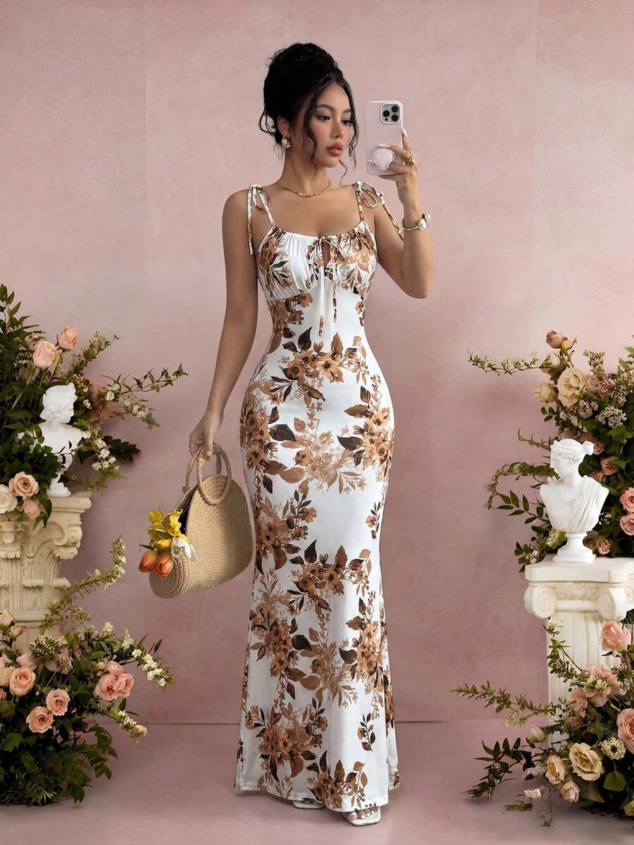 SHEIN Raffinéa 女款時尚優雅全身印花細肩帶洋裝 - 黃色 - 查看 1